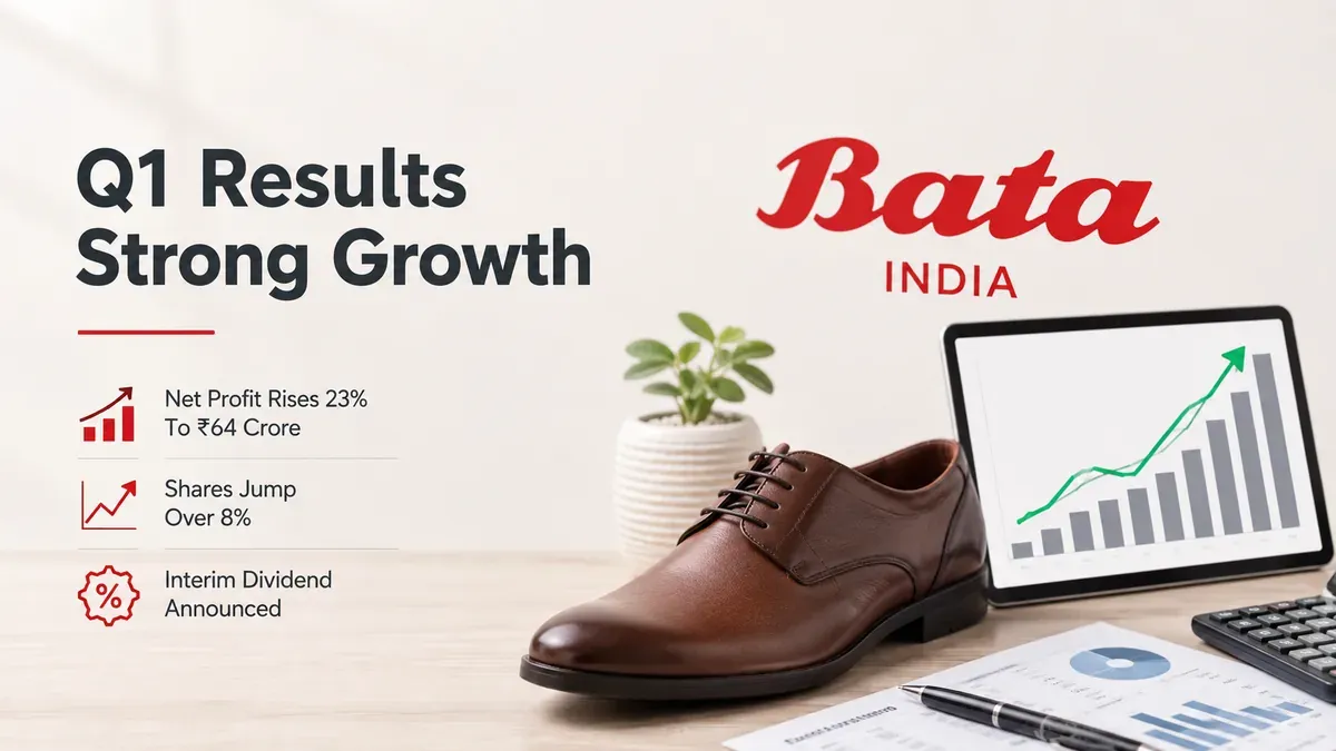 bata india q1 fy 2026 27 results net profit rises 23 to rs 64 crore shares jump over 8 on interim dividend Bata India Q1 FY 2026-27 Results: Net Profit Rises 23% To ₹64 Crore, Shares Jump Over 8% On Interim Dividend