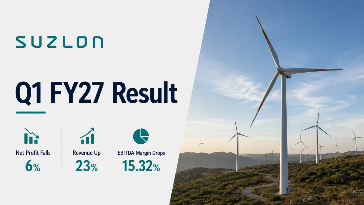 Suzlon Energy Q1 FY 2026-27 Results: Net Profit Falls 6% To ₹305 Crore, Revenue Rises 23%; Shares Drop Over 6%