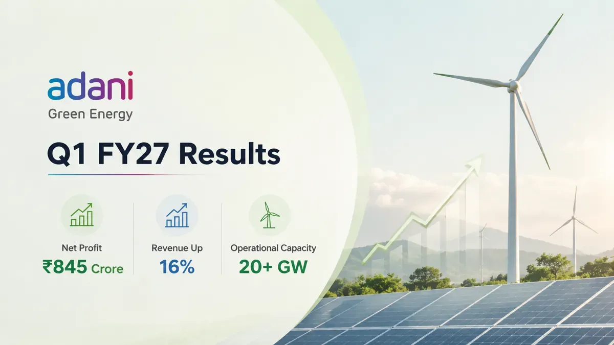 adani green energy q1 fy27 results net profit at rs 845 crore revenue up 16 operational capacity crosses 20 gw Adani Green Energy Q1 FY27 Results