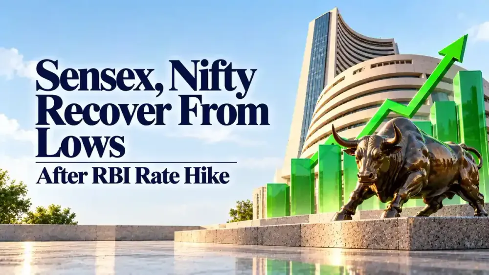 sensex nifty recover rbi rate hike rate cuts off table Sensex, Nifty Recover From Day's Lows After RBI Rate Hike; Malhotra Says Rate Cuts 'Off The Table'