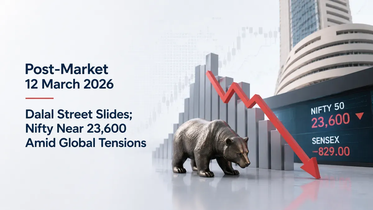 Post-Market 12 March 2026: Dalal Street Slides; Nifty Near 23,600 Amid Global Tensions 