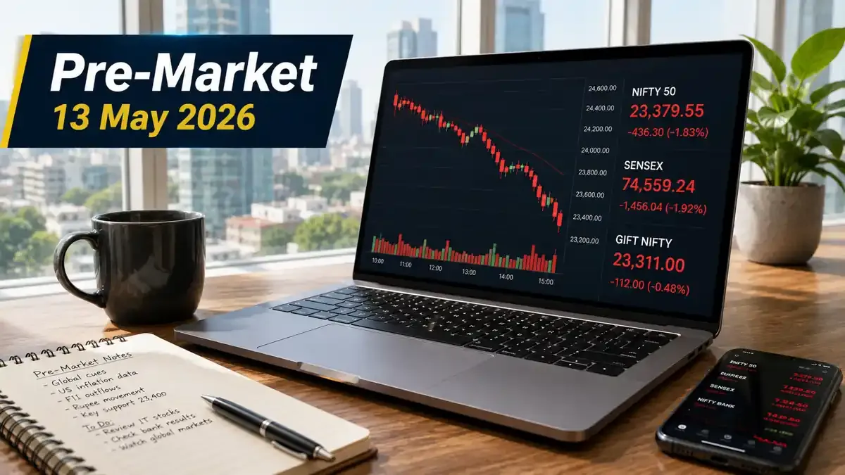 pre-market-13-may-2026-sensex-74559-nifty-23379-fii-selling-weak-rupee pre-market-13-may-2026-sensex-74559-nifty-23379-fii