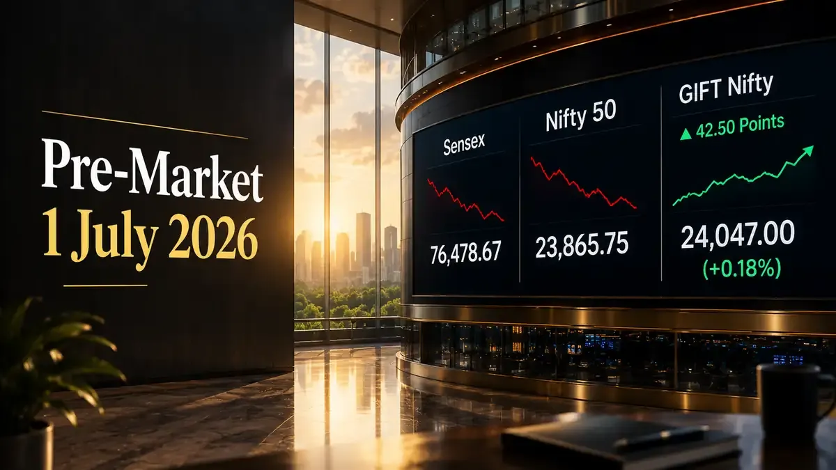 pre-market-1-july-2026-sensex-76478-nifty-23865-market-outlook Pre-Market 1 July 2026: Sensex Fell 250 Points, Nifty Ended At 23,865; GIFT Nifty Signals Recovery