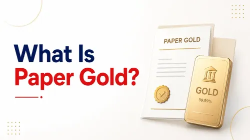 Investor exploring paper gold investment options on a digital trading platform with gold bars in the background